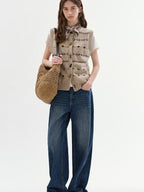 fano Breathable Knitted Wool Blend Geo Round Neck Button Loose Fit Commuter Vests