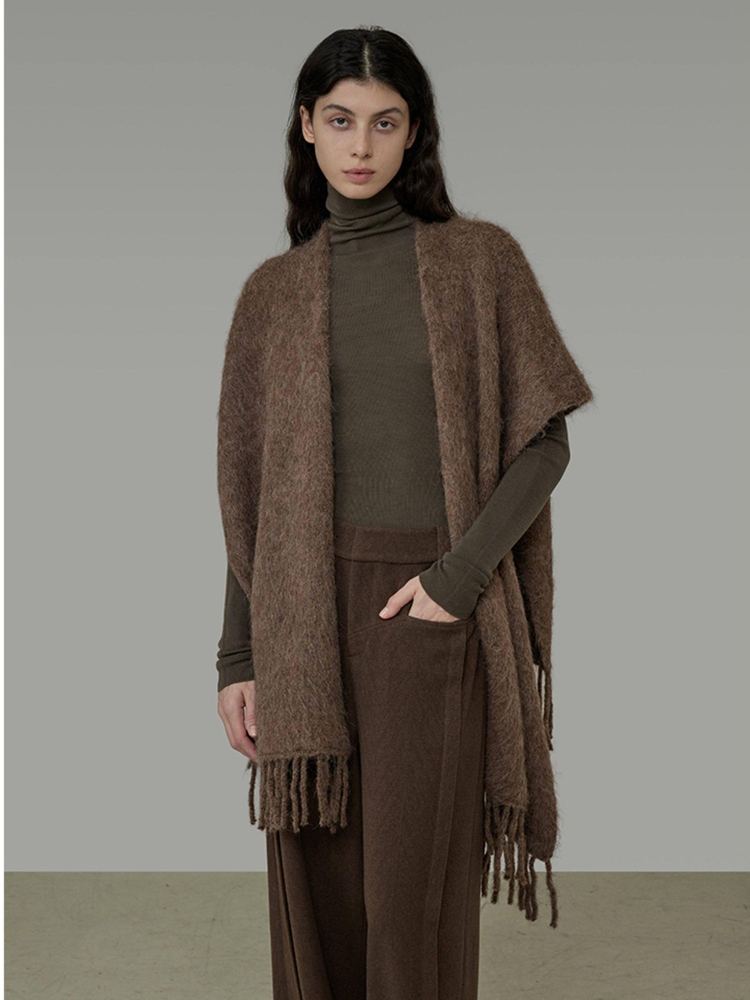unspoken Cozy Warm Acrylic Fringe Shawl Rectangular Solid Brown Women Fashion Scarves
