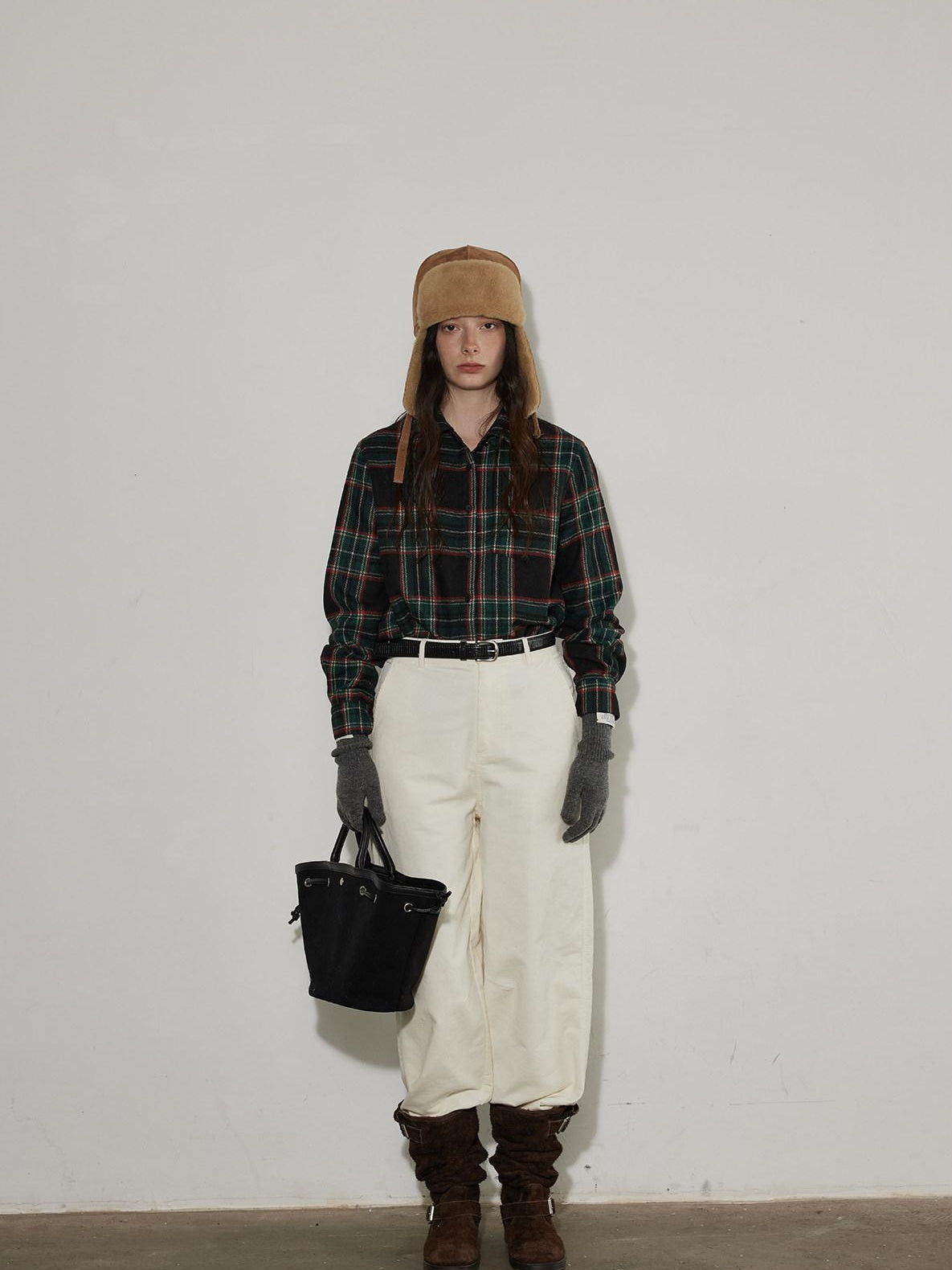 Lofi choose Work Ready Loose Fit Green Plaid Button Front Long Sleeve Polyester Women Shirts