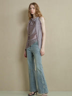 someonesometimes Asymmetrical Fringe Slim Fit Strap Solid Silver Purple Long Sleeve Crop Tops