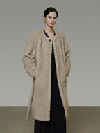 unspoken Warm Thick Beige Loose Fit Collarless Mid Length Commuter Women Long Coats