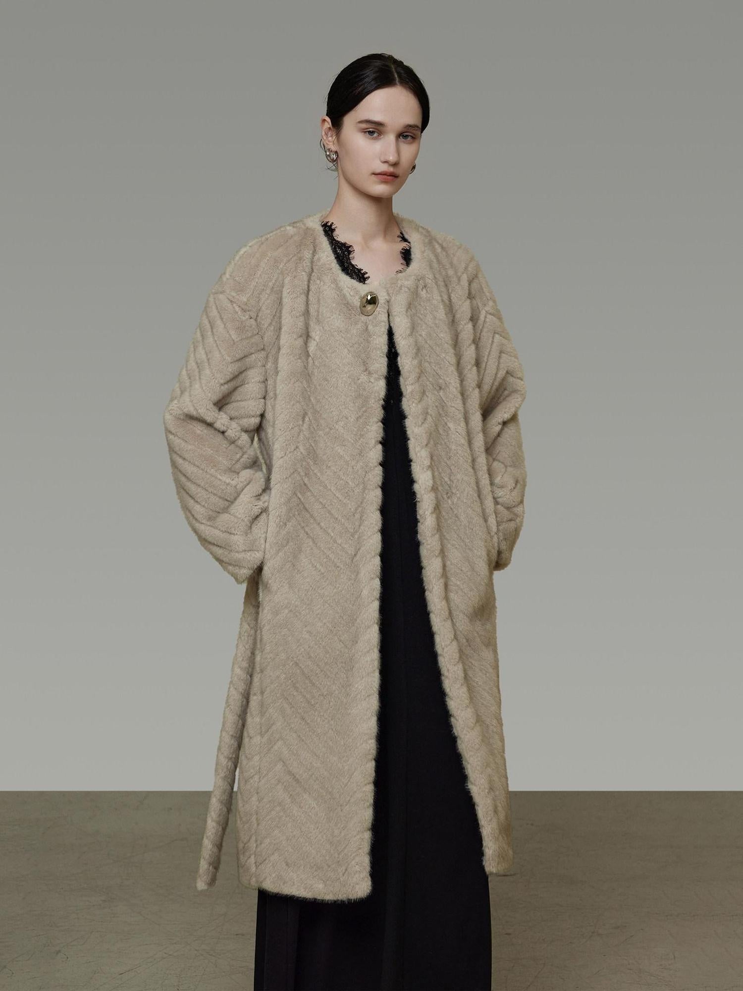 unspoken Warm Thick Beige Loose Fit Collarless Mid Length Commuter Women Long Coats