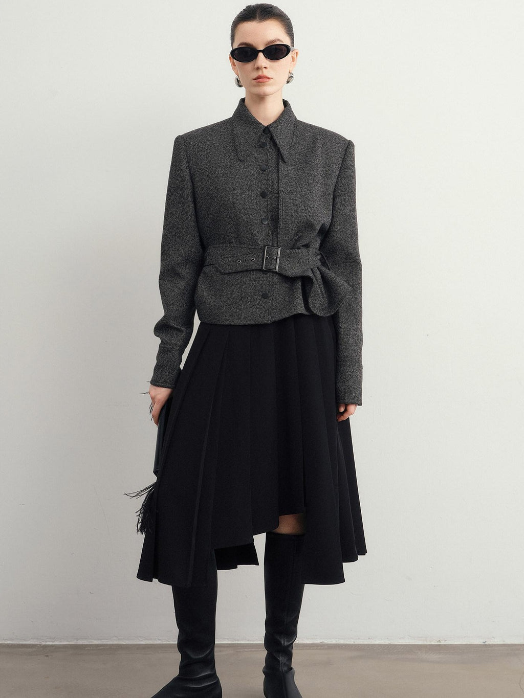 audreyyang Hand Pleated Lined Asymmetrical A Line Mid Waist Polyester Blend Midi Skirts
