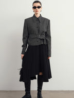 audreyyang Hand Pleated Lined Asymmetrical A Line Mid Waist Polyester Blend Midi Skirts