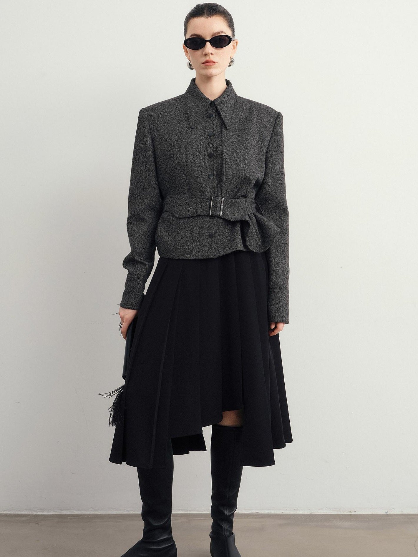 audreyyang Hand Pleated Lined Asymmetrical A Line Mid Waist Polyester Blend Midi Skirts