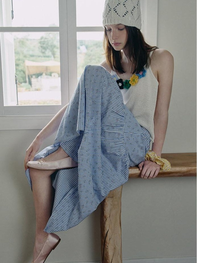 fano Lined 100% Cotton A Line Mid Waist Loose Fit Women Floral Blue Check Maxi Skirts