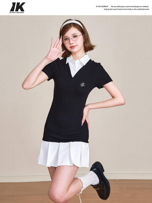ikyou 100 Percent Cotton Waist Cinch Patchwork Collared Short Sleeve Midi Dresses