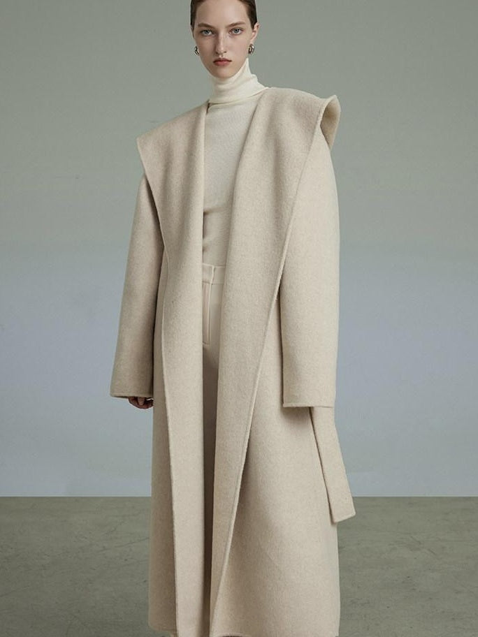 unspoken Warm Wool Alpaca Blend Hooded Straight Long Minimal Commuter Oatmeal Wool Coats