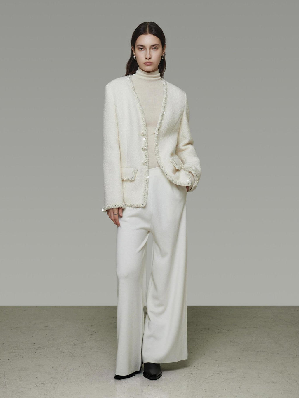 unspoken Soft Ivory Wool Blend Tailored Slim V-neck Long Sleeve Commuter Cardigans