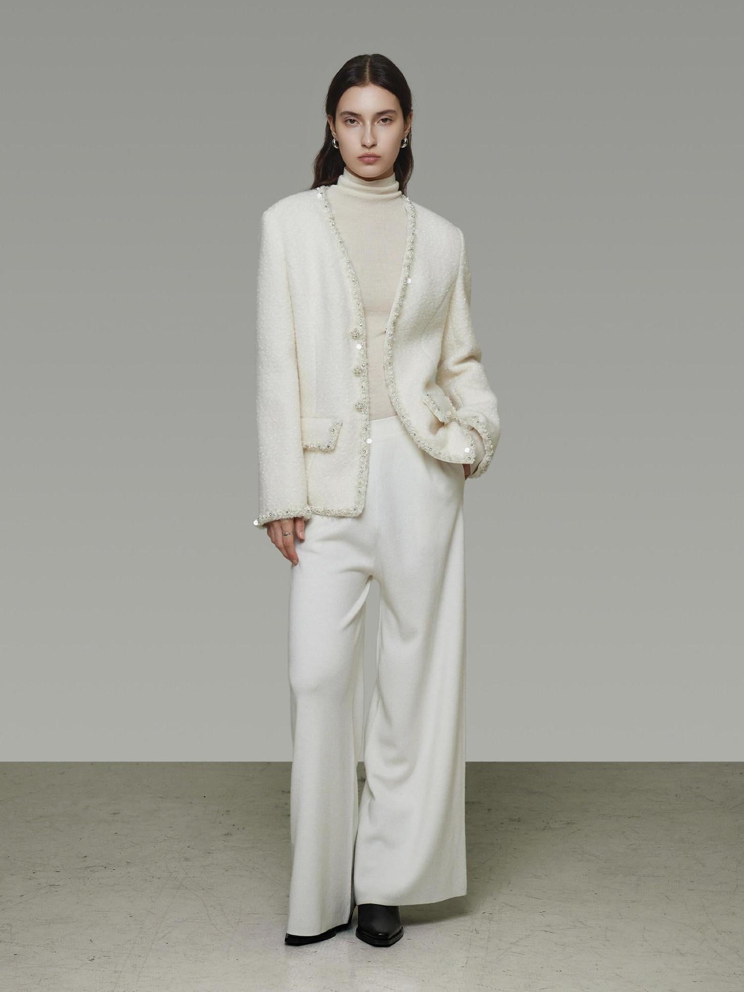 unspoken Soft Ivory Wool Blend Tailored Slim V-neck Long Sleeve Commuter Cardigans