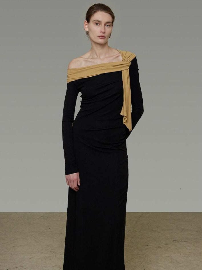 Breathable Lyocell Knit Slim A Line Waist Cinch V-neck Black Ladies Maxi Dresses