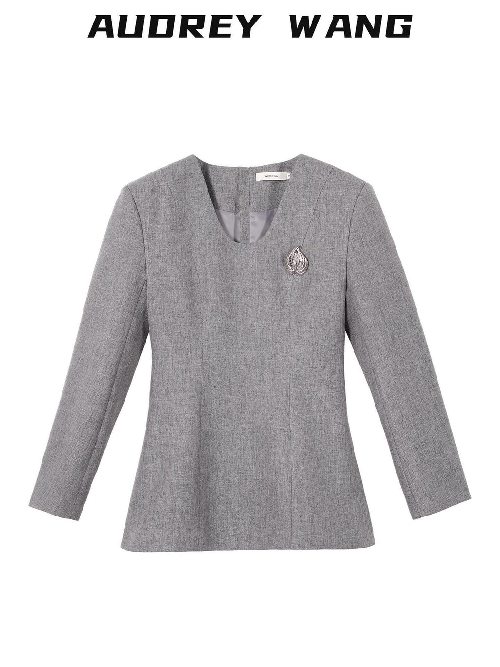 audreyyang Slim Waist Fitted Crew Neck Polyester Women Black Gray Long Sleeve Crop Tops