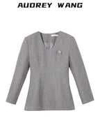 audreyyang Slim Waist Fitted Crew Neck Polyester Women Black Gray Long Sleeve Crop Tops