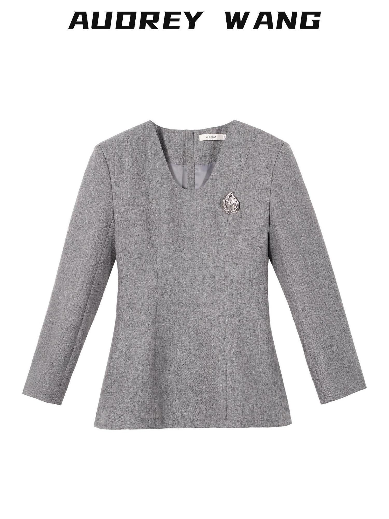 audreyyang Slim Waist Fitted Crew Neck Polyester Women Black Gray Long Sleeve Crop Tops