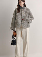 fano Faux Fur Straight Cut Minimal Workwear Women Gray Khaki Short Coat