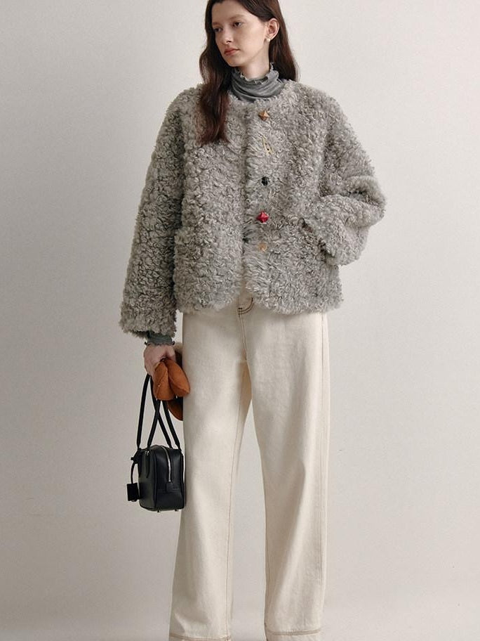 fano Faux Fur Straight Cut Minimal Workwear Women Gray Khaki Short Coat