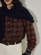 Lofi choose Brushed Cotton Vintage Loose Fit Collared Longsleeve Womens Red Plaid Shirts