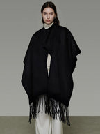 unspoken Pure Sheepswool Fringed Cape Commuter Women Structured Black Wool Coats