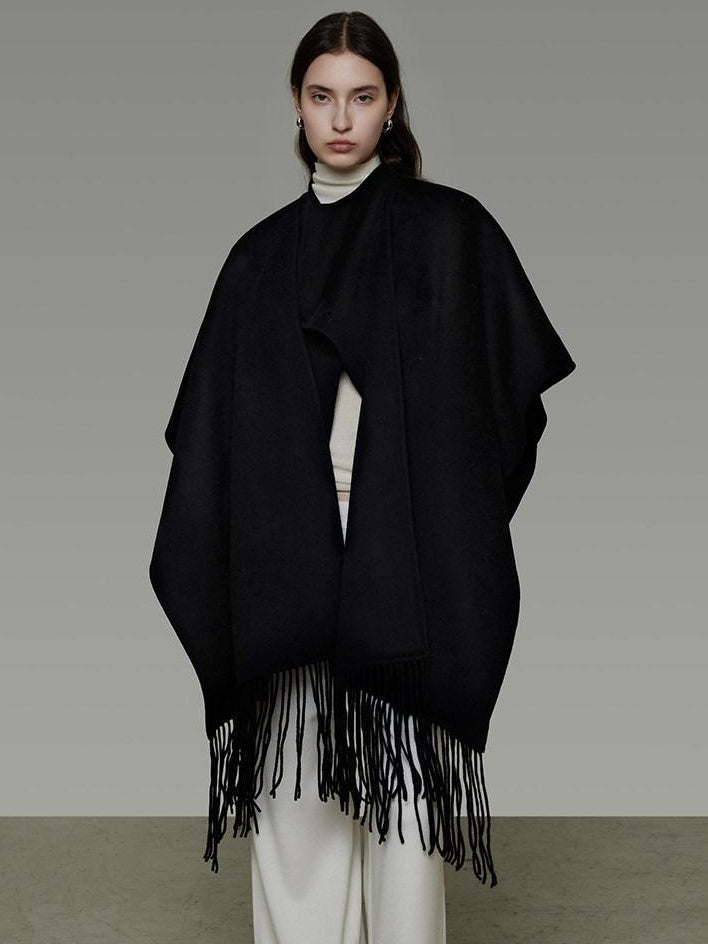 unspoken Pure Sheepswool Fringed Cape Commuter Women Structured Black Wool Coats