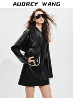 audreyyang Sheepskin Leather Cinched Waist French Tie Neck A Line Work Date Midi Dresses