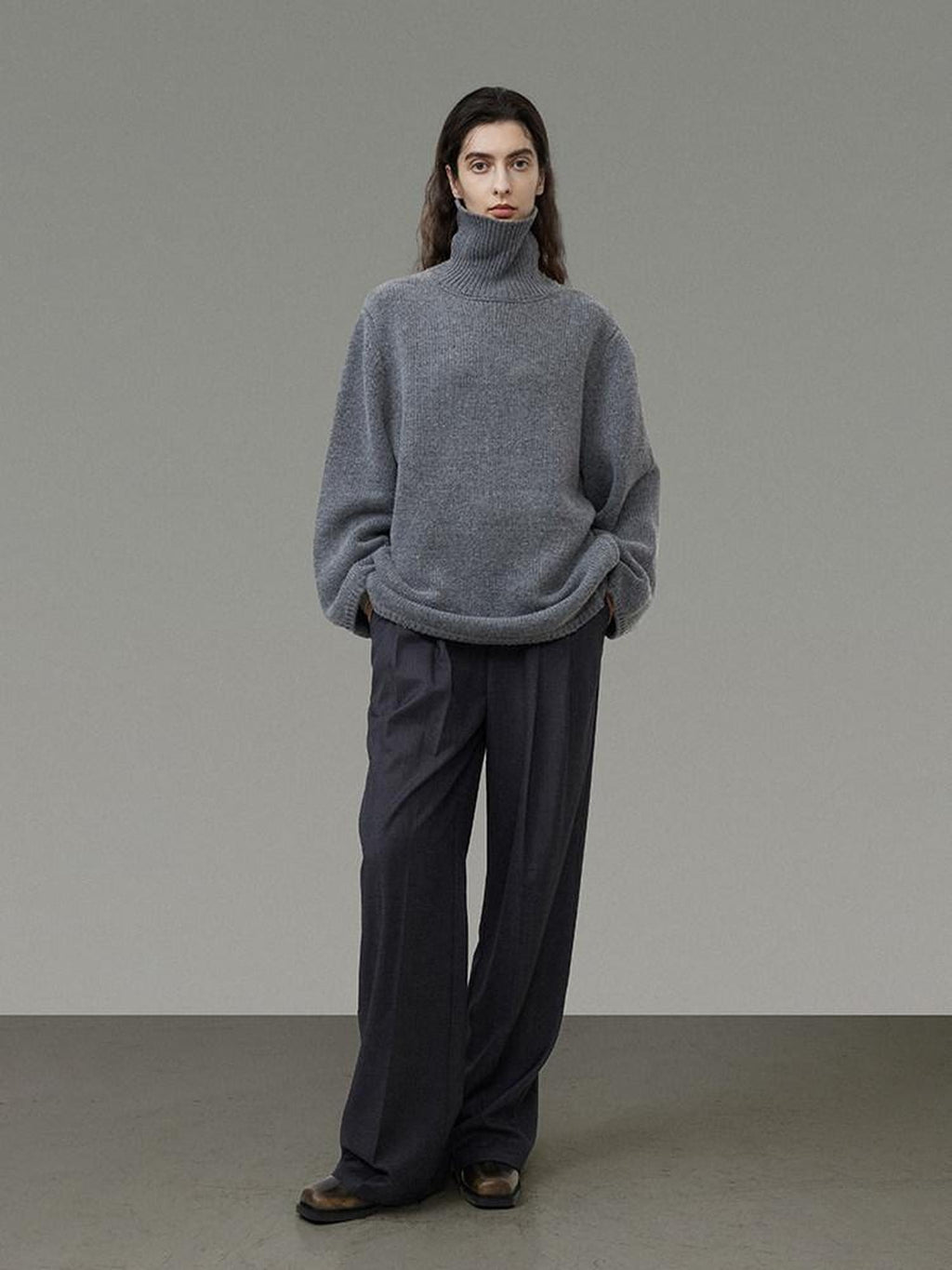 unspoken Warm Wool Blend Loose Fit Turtleneck Knitted Pullover Office Casual Gray Sweaters