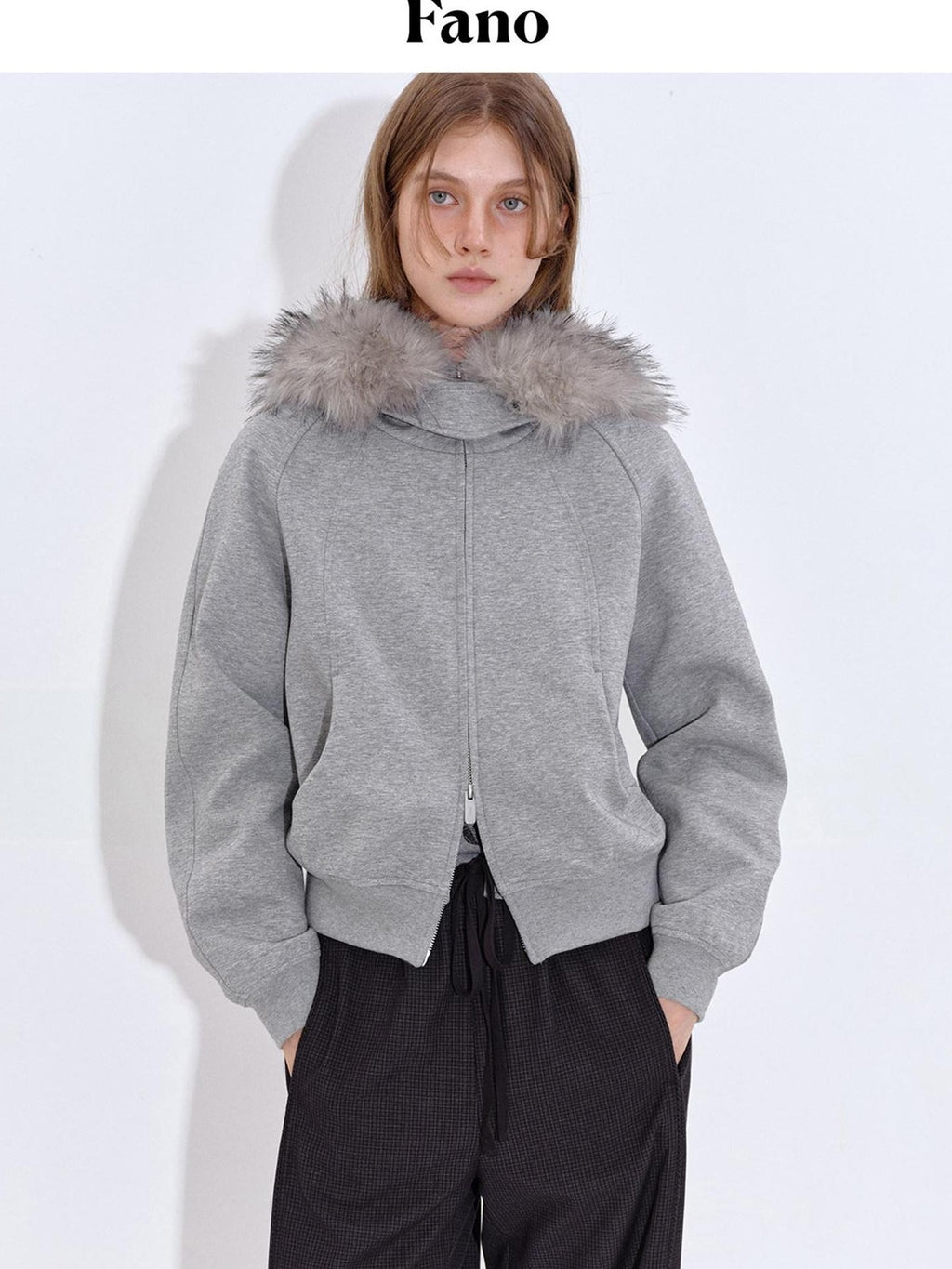 fano Detachable Zip Windproof Short Loose Casual Women Apple Shape Heather Gray Hoodie