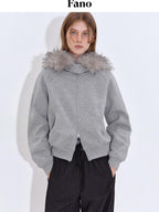 fano Detachable Zip Windproof Short Loose Casual Women Apple Shape Heather Gray Hoodie