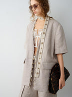 audreyyang Pure Linen Relaxed Short Sleeve Solid Casual Women Lightweight Top & Shorts Sets