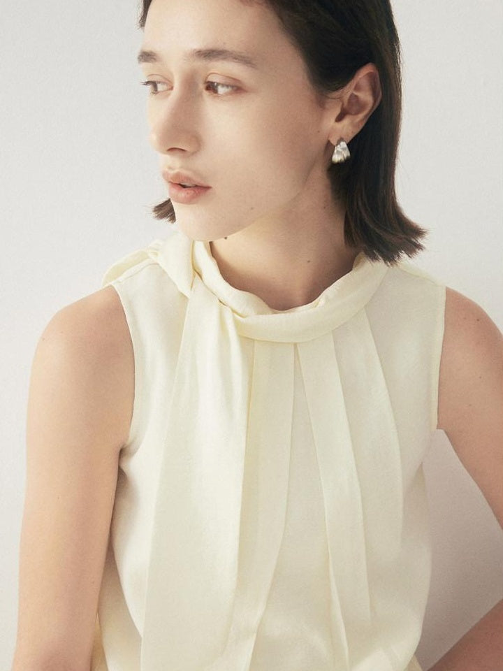 someone sometimes Original Slim Tie Detail Stand Collar Sleeveless Cream Pullover Top & Skirt Sets
