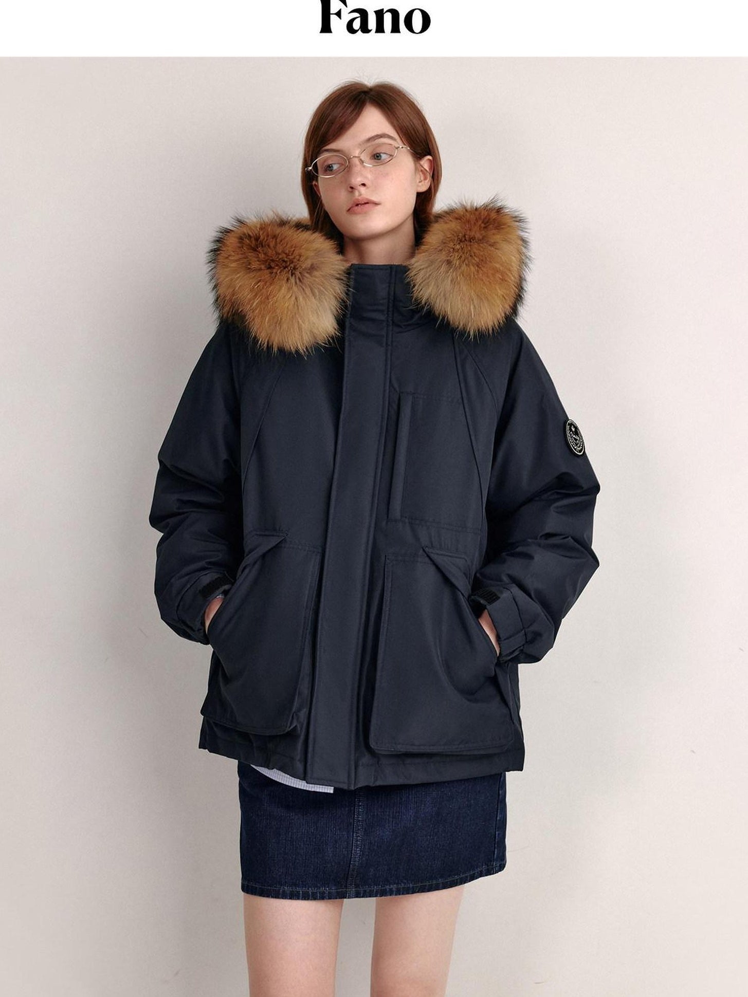 fano 90 Percent White Duck Down Detachable Hood Straight Short Navy Down Jackets