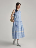 fano 100 Percent Cotton Round Neck Blue White Gingham Top & Skirt Sets