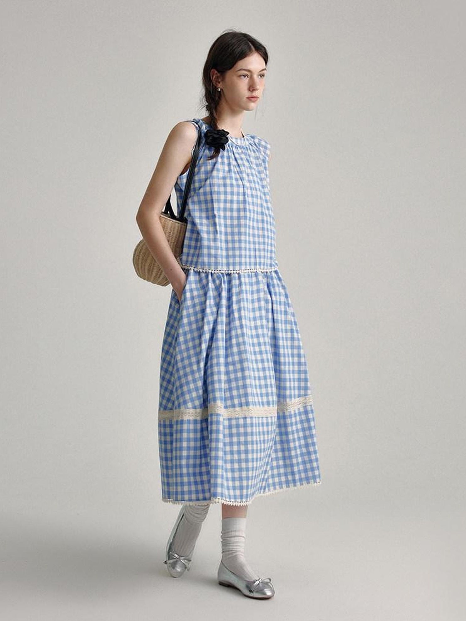 fano 100 Percent Cotton Round Neck Blue White Gingham Top & Skirt Sets