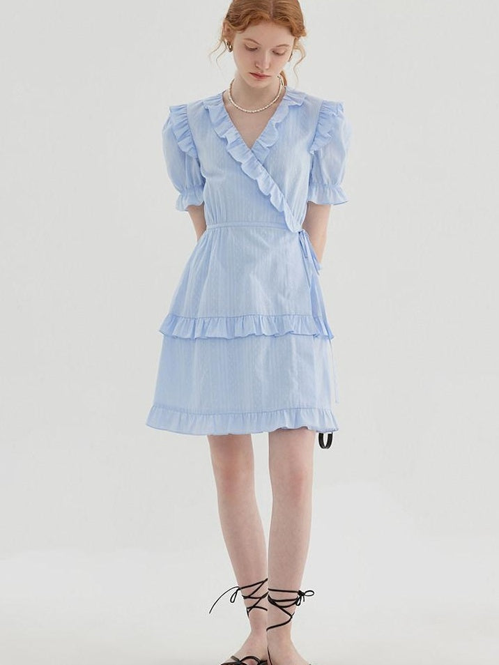 fano High Waist Tie A Line Cotton V-neck Puff Sleeves Casual Work Women Midi Dresses
