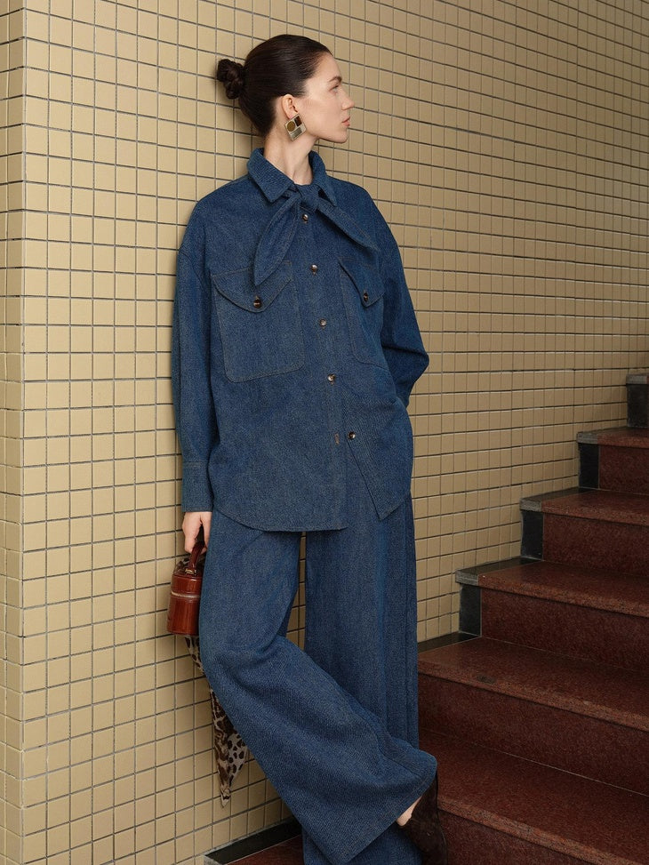 audreyyang Vintage Bow Loose Fit Cotton Lapel Patch Pocket Casual Women Denim Jackets