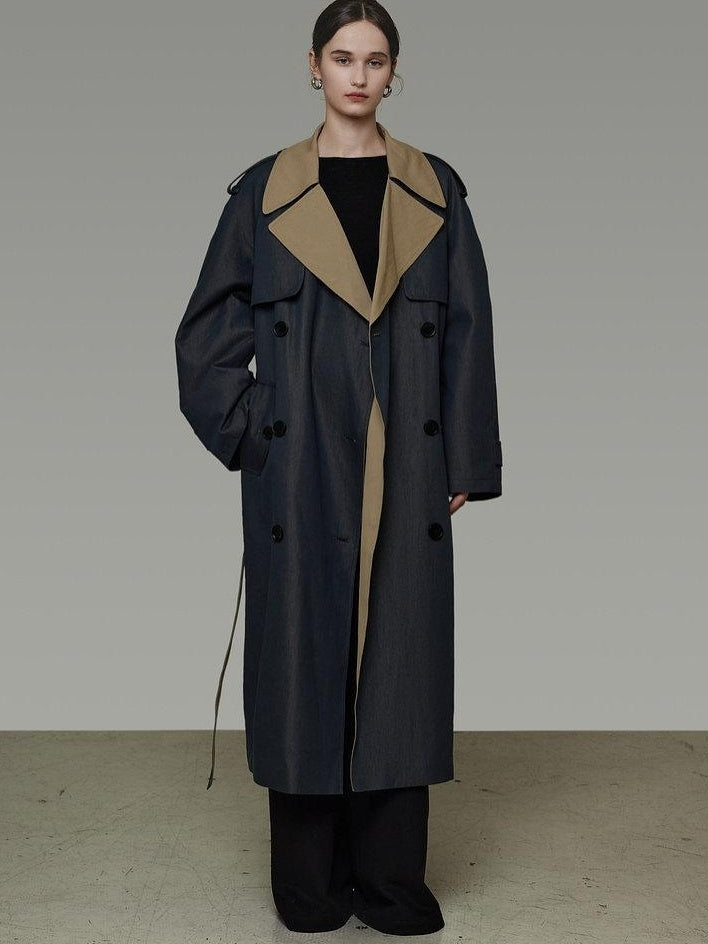 unspoken Navy Cotton Denim Double Breasted Loose Fit Commuter Women Trench Coats