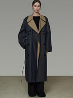 unspoken Navy Cotton Denim Double Breasted Loose Fit Commuter Women Trench Coats