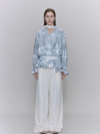 someone sometimes Glacier Blue Polyester V-neck Long Bell Sleeve Loose Fit Office Work Blouses
