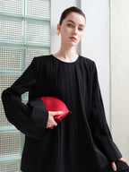 audreyyang Minimalist Office Loose Pleated Bell Sleeve Round Neck Black Blouses