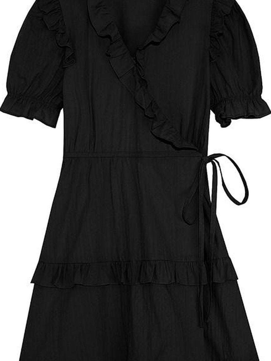 fano High Waist Tie A Line Cotton V-neck Puff Sleeves Casual Work Women Midi Dresses