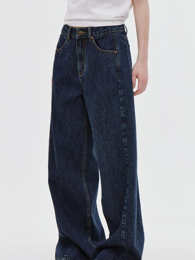 fano Deep Blue Natural Waist Relaxed Casual Zip Fly No Stretch Wide Leg Jeans