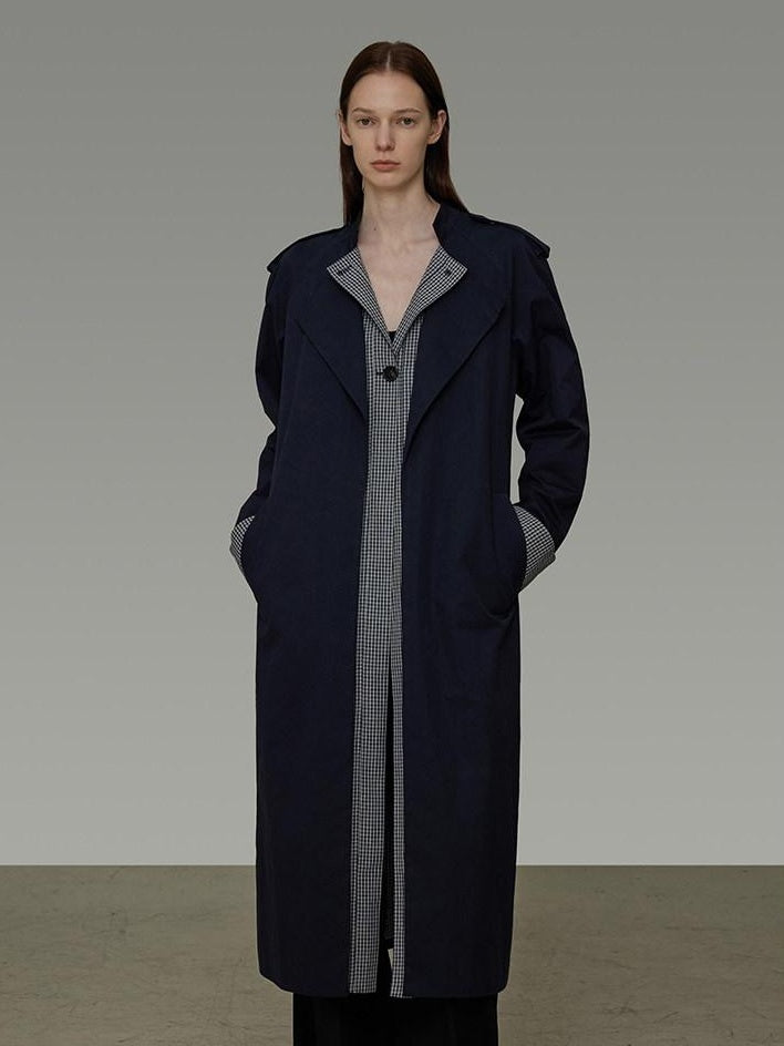 unspoken Minimal Navy Plaid Single Breasted Midlength Relaxed Women Trench Coats