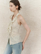someonesometimes Ruffle Halter Slim Fit Cropped Solid Almond Stretch Tank Tops
