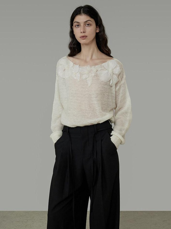 unspoken Soft Knit 3D Embellishment Loose Round Neck Long Sleeve Women White Blouses