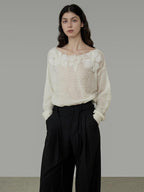 unspoken Soft Knit 3D Embellishment Loose Round Neck Long Sleeve Women White Blouses