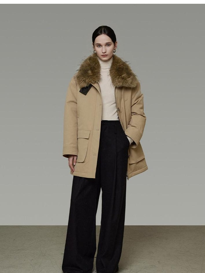 unspoken Thick Cotton Oversized Midlength Single Breasted Khaki Puffer Jackets