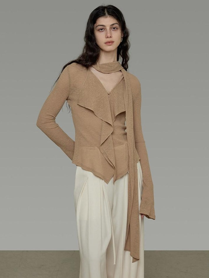 unspoken Slim Ruffle V-neck Bell Sleeve Knit Pullover Women Ginger Yellow Blouses