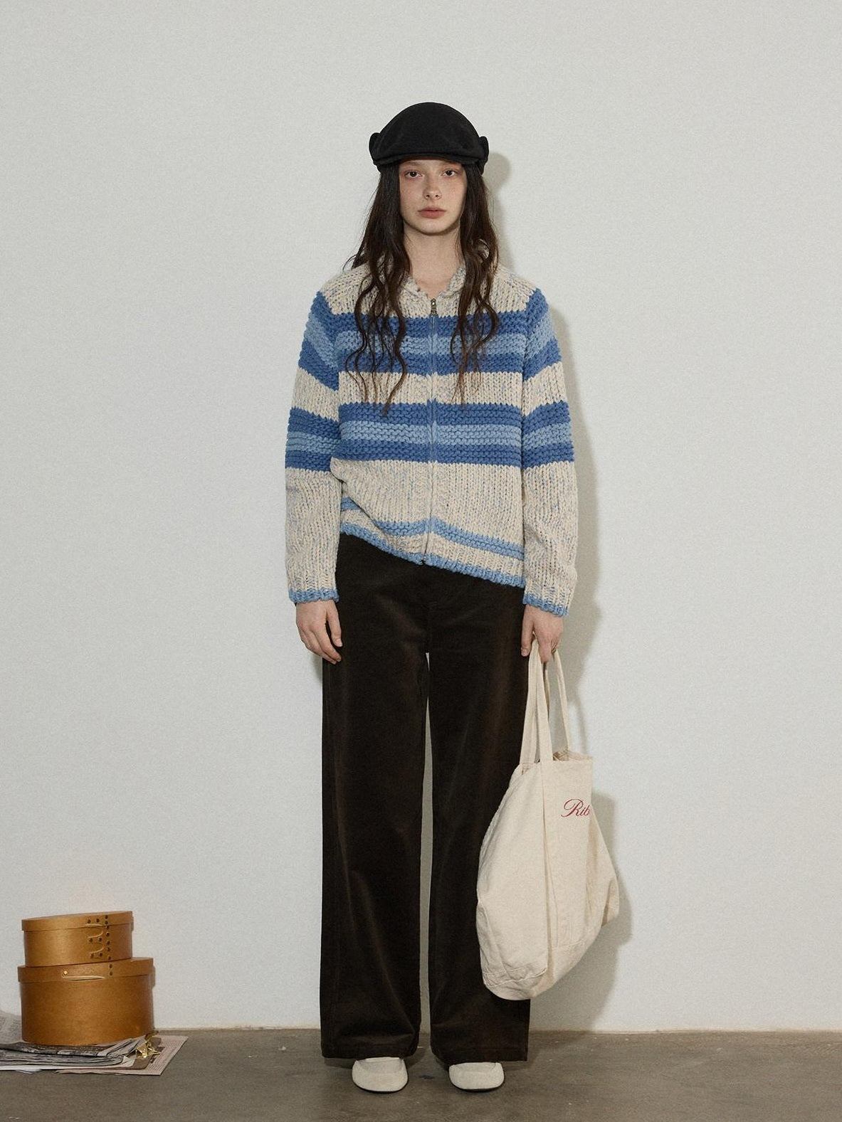 Lofi choose Acrylic Wool Blend Colorblock Striped Lapel Loose Fit Women Zip Front Cardigans