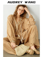 audreyyang Breathable Pure Cotton Floral Natural Waist Relaxed Women Khaki Wide Leg Pants