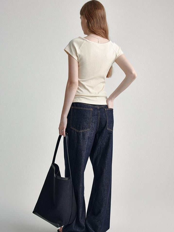 fano V-neck Drawstring Cotton Blend Minimal Straight Women Short Sleeve T-Shirts