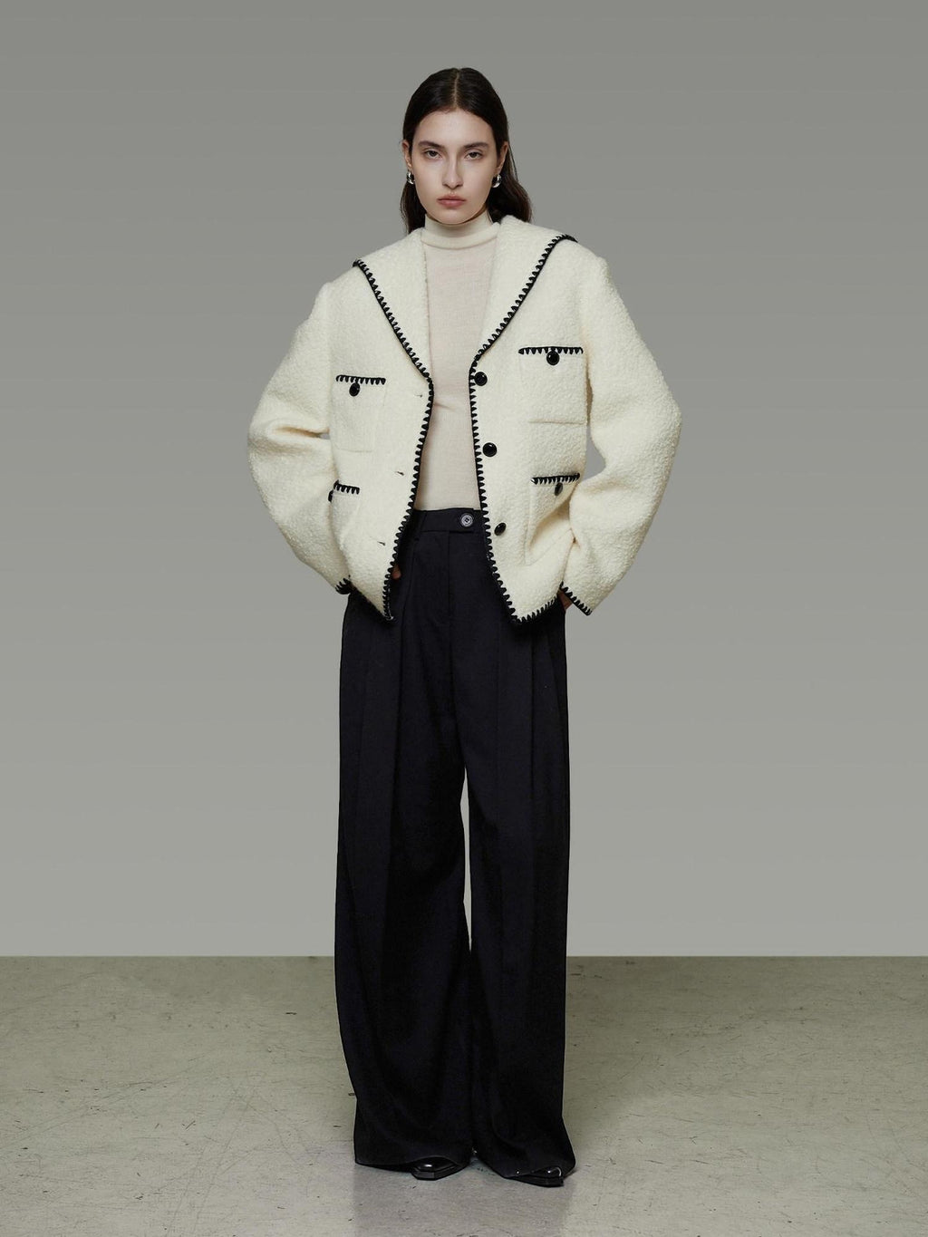unspoken Lambswool Blend Tailored Loose Minimal Notch Collar Officewear Women Wool Coats